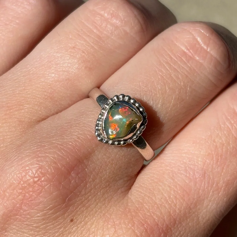 Sterling Silver Genuine Raw Ethiopian Opal Gemstone Ring